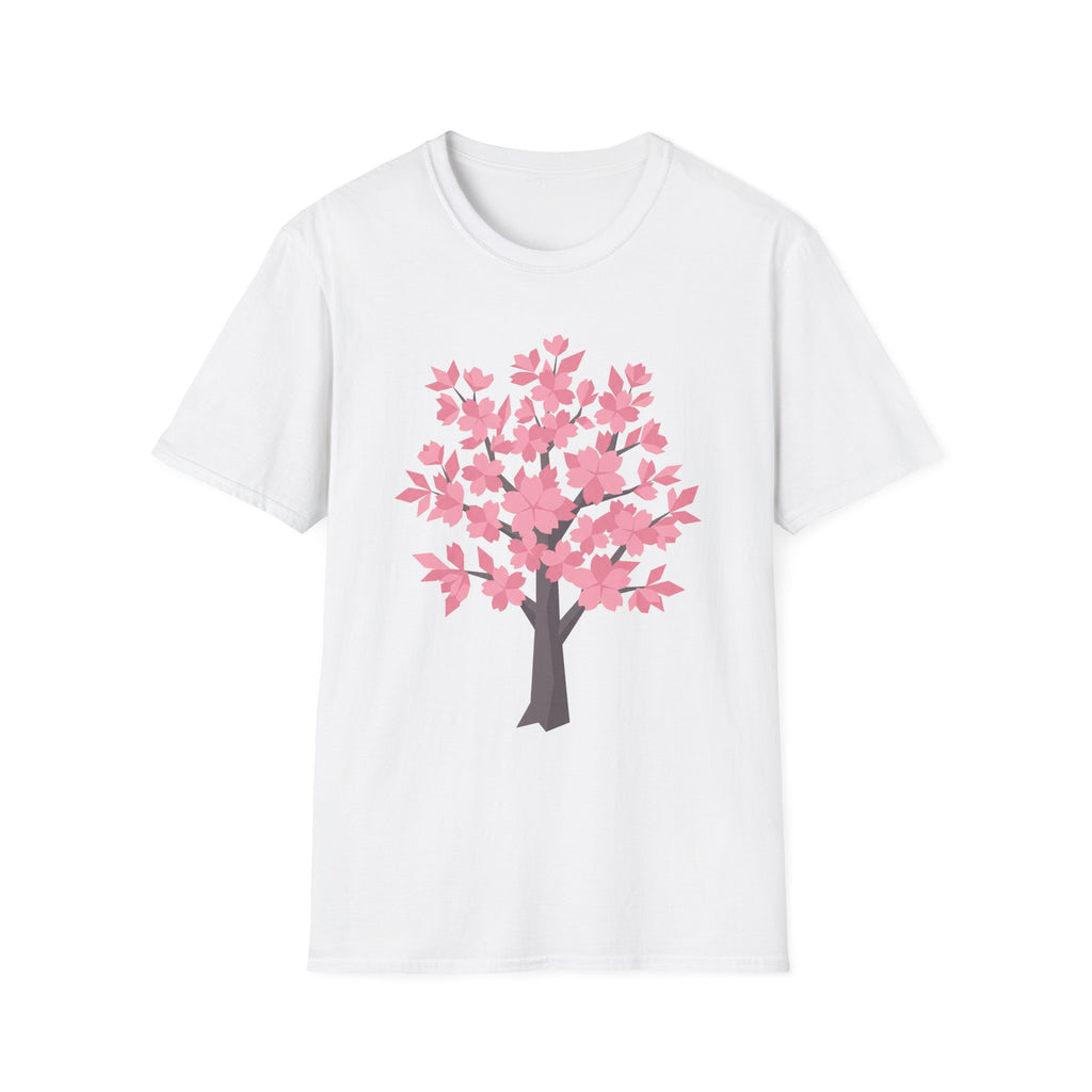 Cherry blossom tree T-shirt, pink floral design on white front