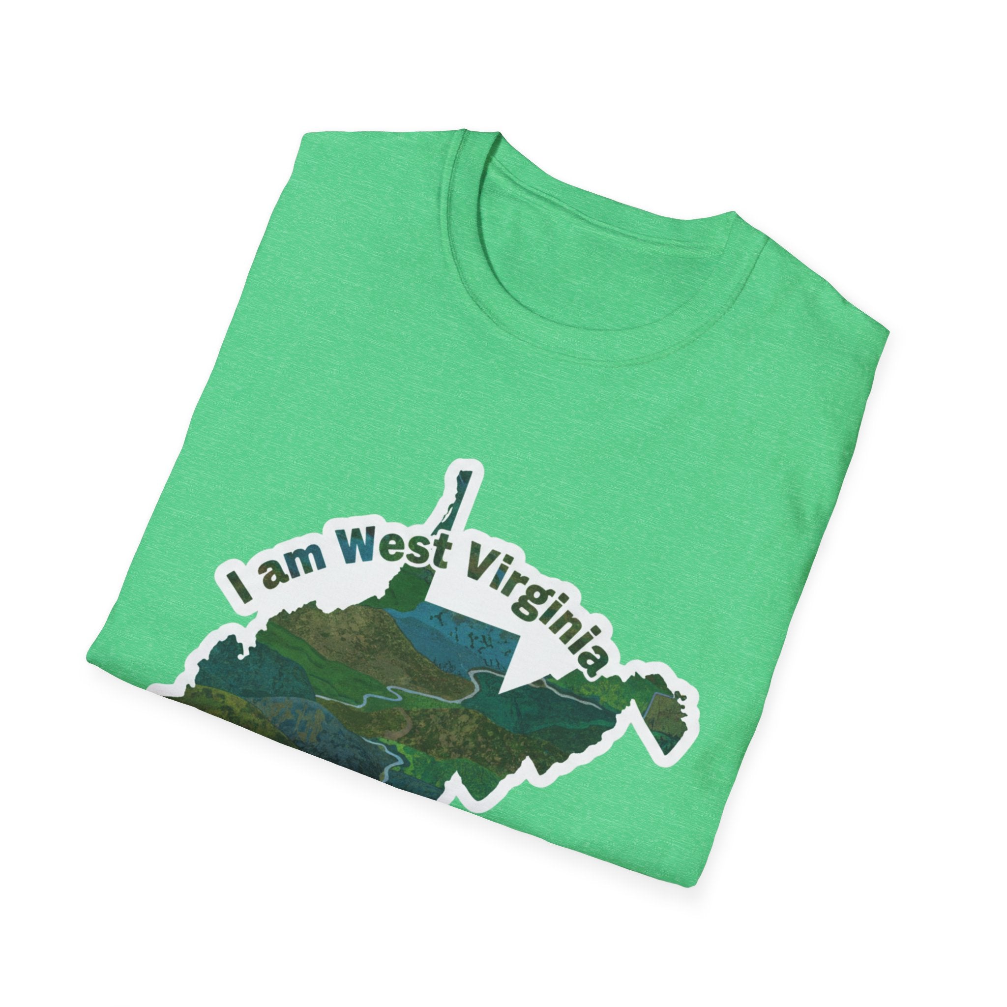 Heather Irish Green T-shirt with West Virginia map and landscape graphic