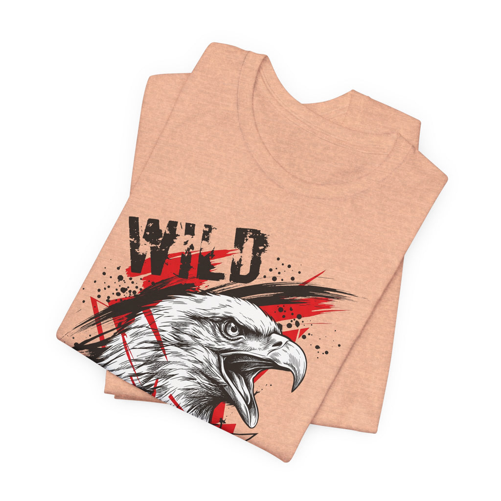 Peach-brown T-shirt with front eagle head graphic and bold red splatter accents.