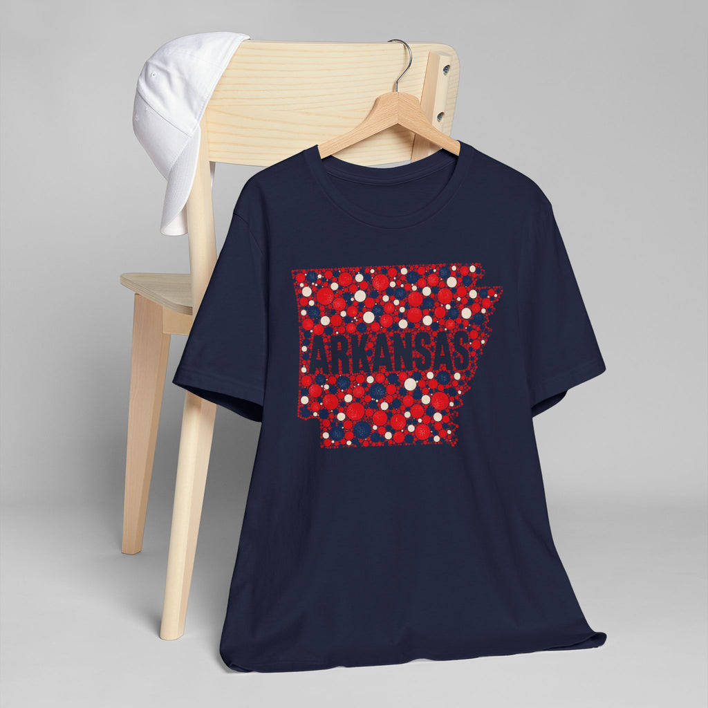 Navy crew-neck t-shirt with red and blue dotted Arkansas graphic