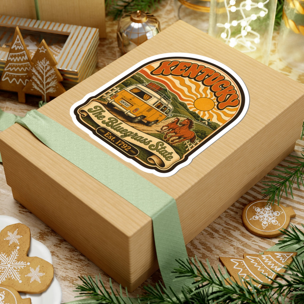 Kentucky retro van and horse scenic sticker on a wrapped wooden gift box