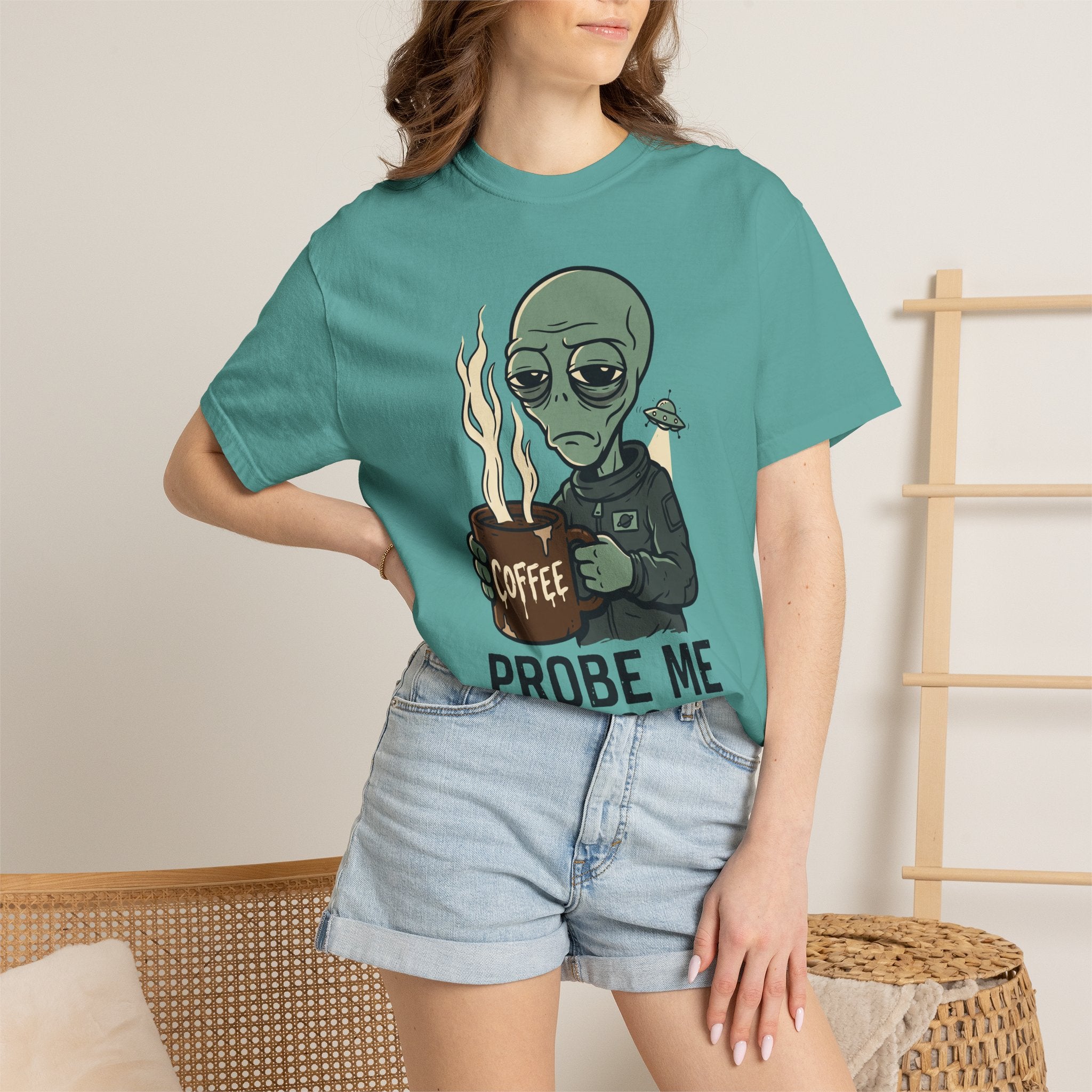 Teal crew-neck T-shirt with alien coffee graphic and PROBE ME text