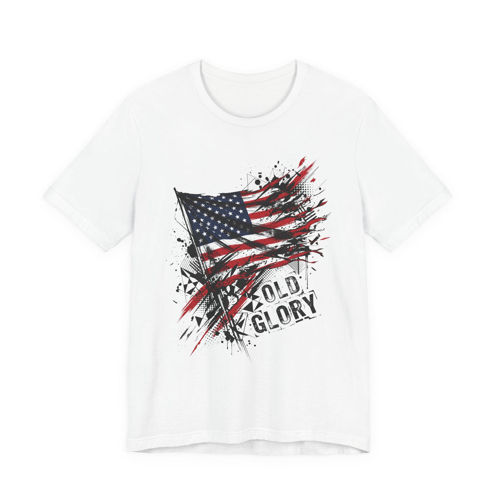White T-shirt with distressed American flag graphic and 'Old Glory' text
