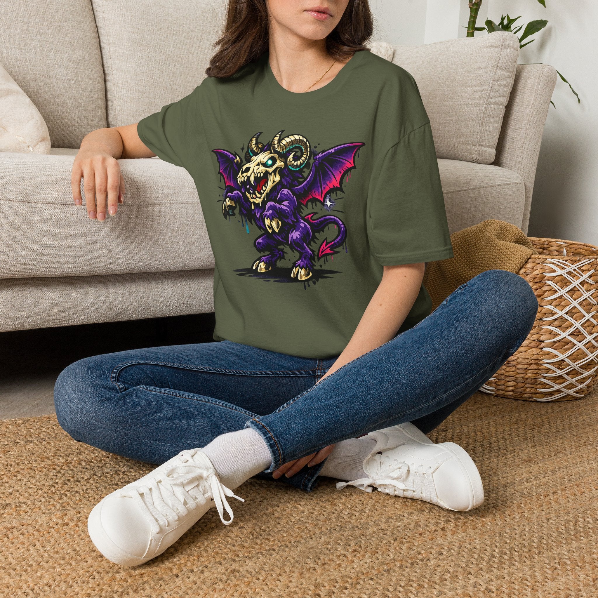 Olive green graphic T-shirt with purple bat-skull ram creature