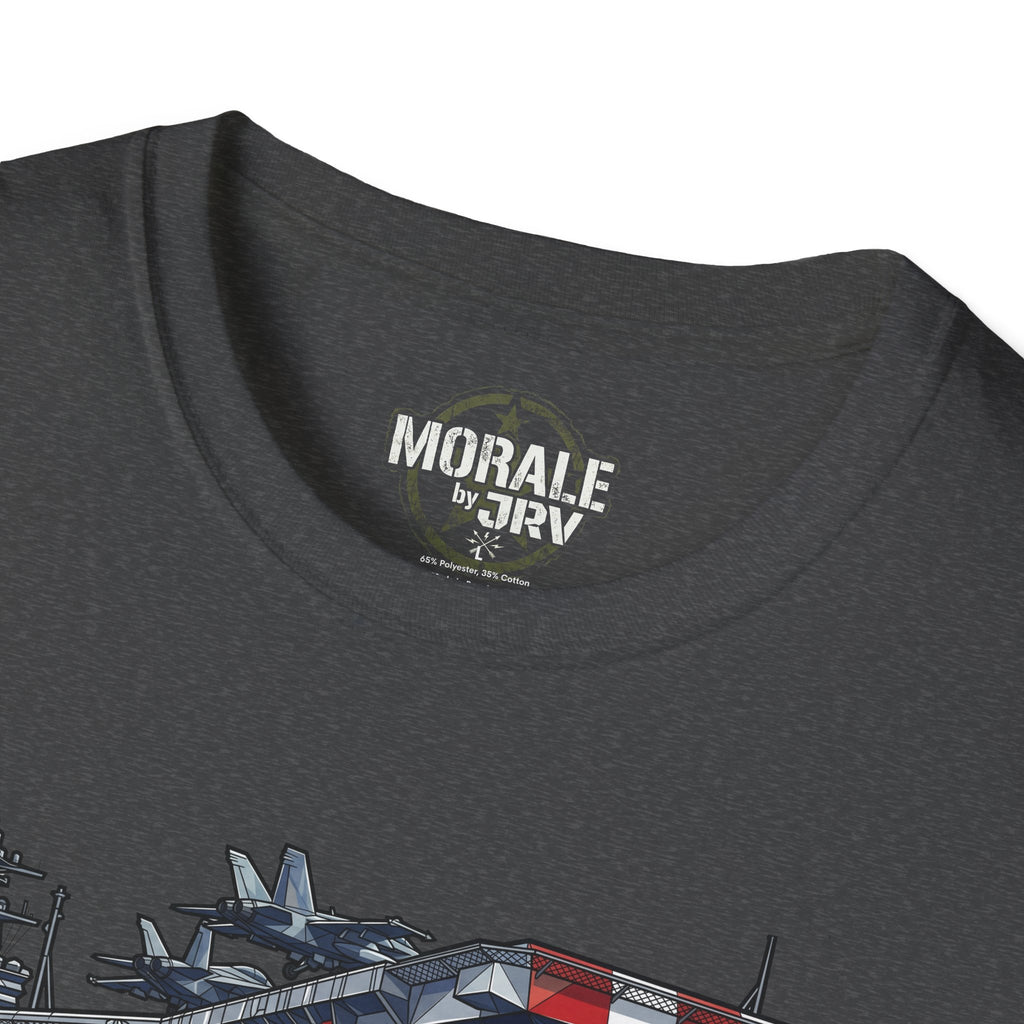 Charcoal gray T-shirt close-up: “MORALE by TRV” logo on the neckline