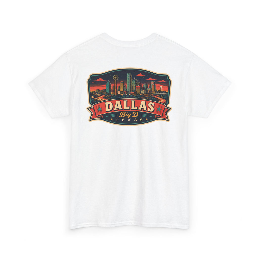 White crewneck T-shirt with Dallas skyline luggage tag graphic on chest