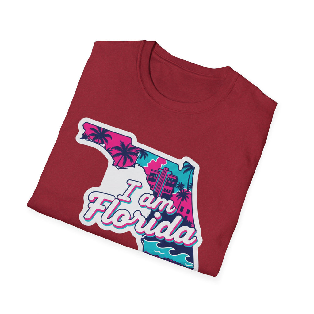 Folded red T-shirt with Florida map retro palm graphic and “I am Florida”