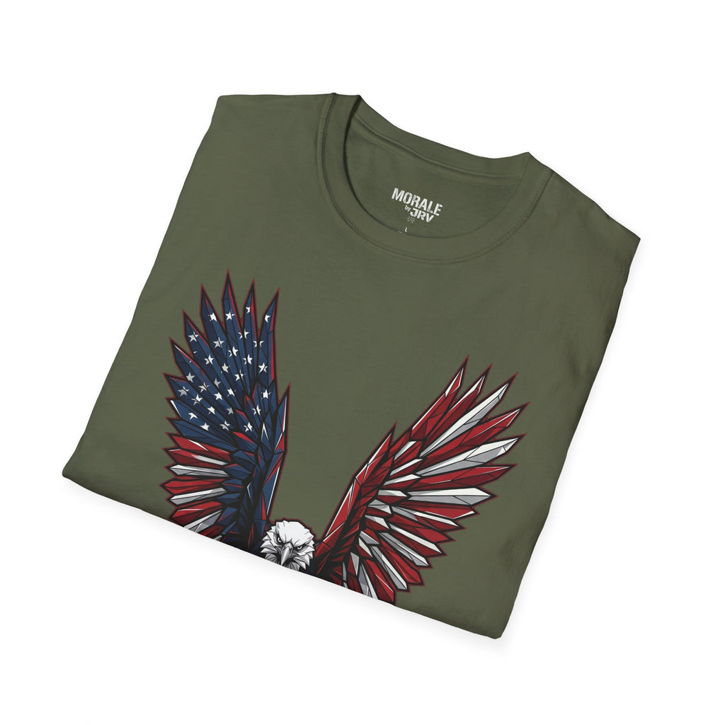 Military Green T-shirt with American flag eagle graphic, red and blue wings