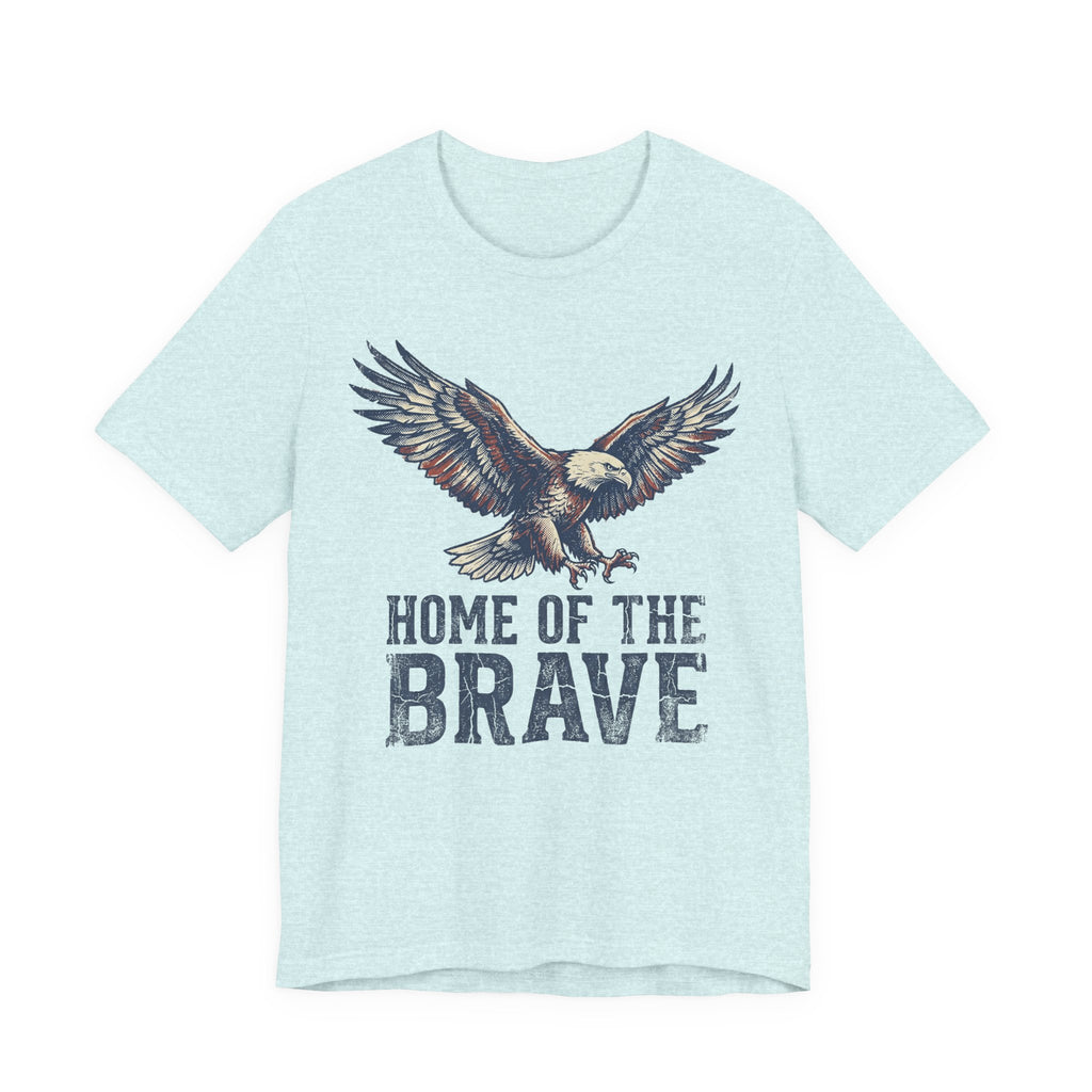 Light blue T-shirt with bald eagle graphic and “Home of the Brave” text