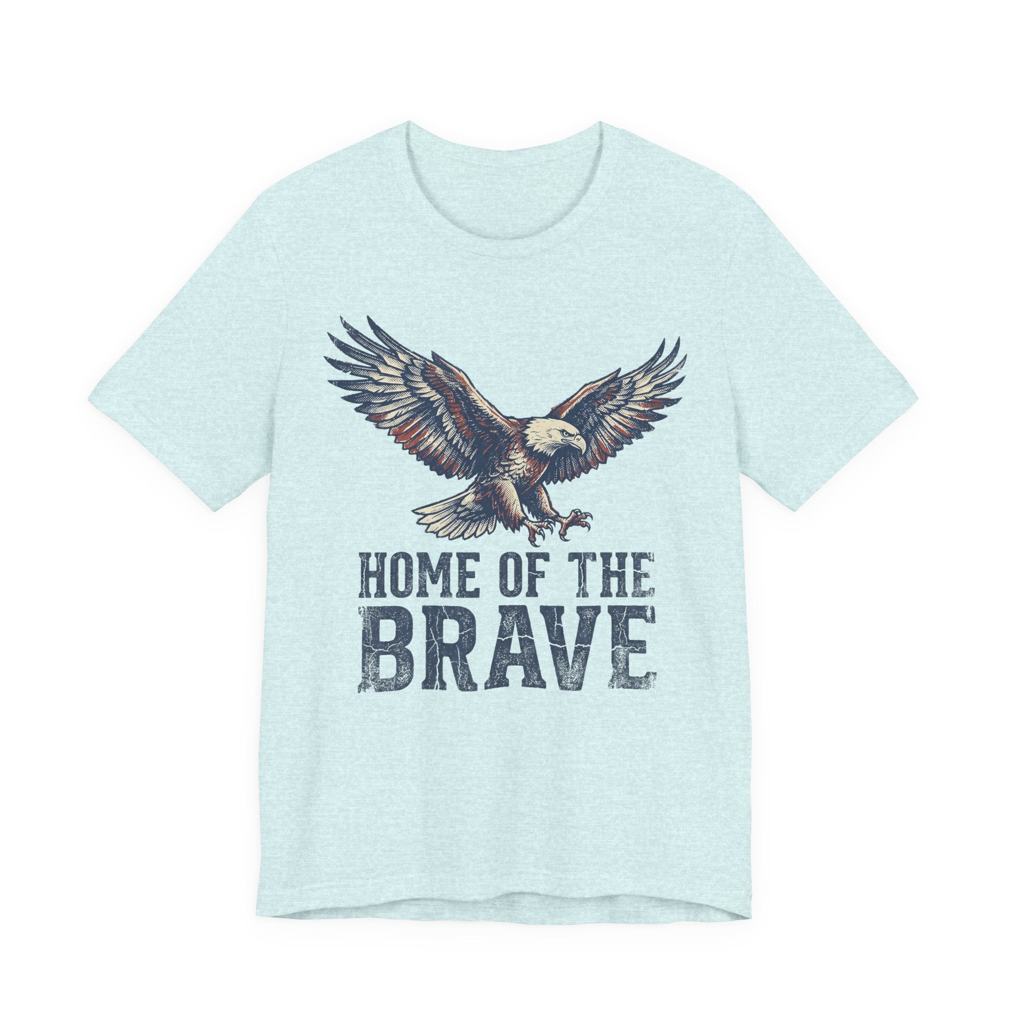 Light blue T-shirt with bald eagle graphic and “Home of the Brave” text