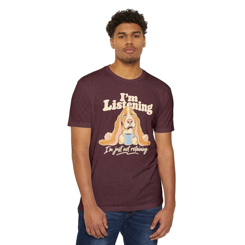 Basset hound graphic T-shirt in dark maroon, front print with “I’m Listening” slogan