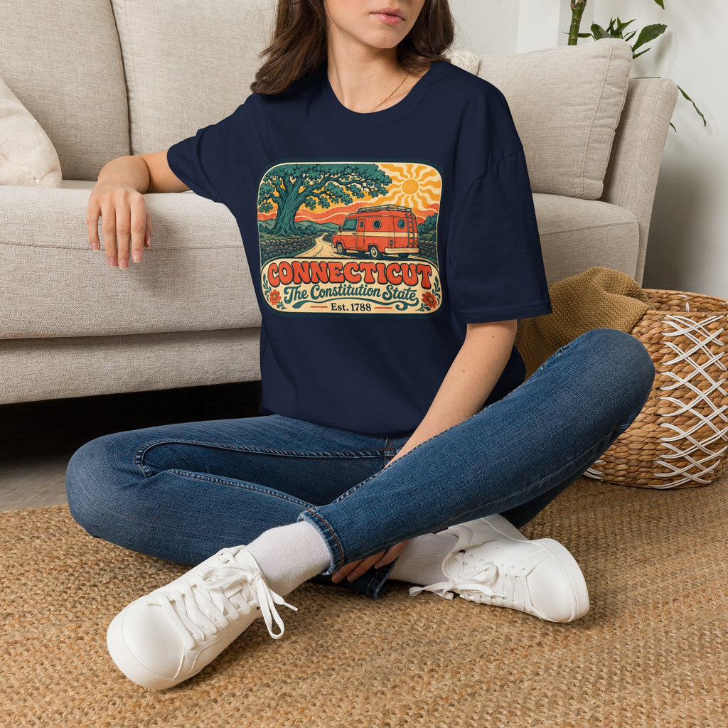 Navy unisex T-shirt with Connecticut graphic front print.