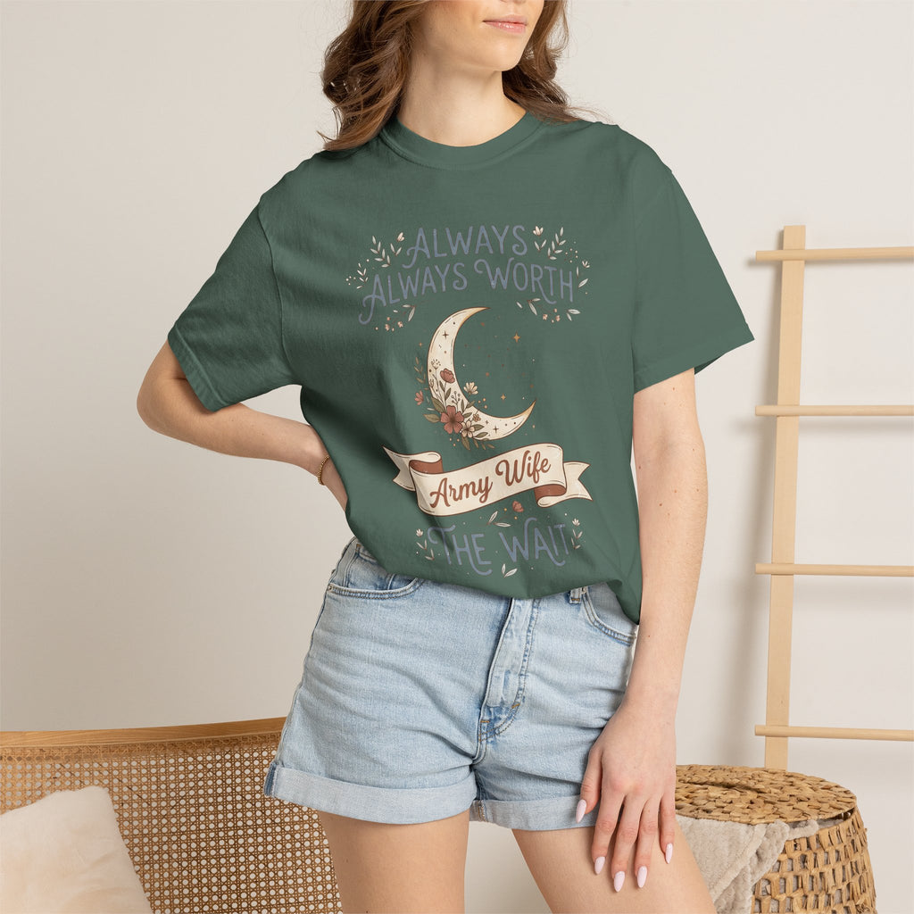 T-shirt in deep green with moon and “ALWAYS WORTH THE WAIT” graphic, worn by model.