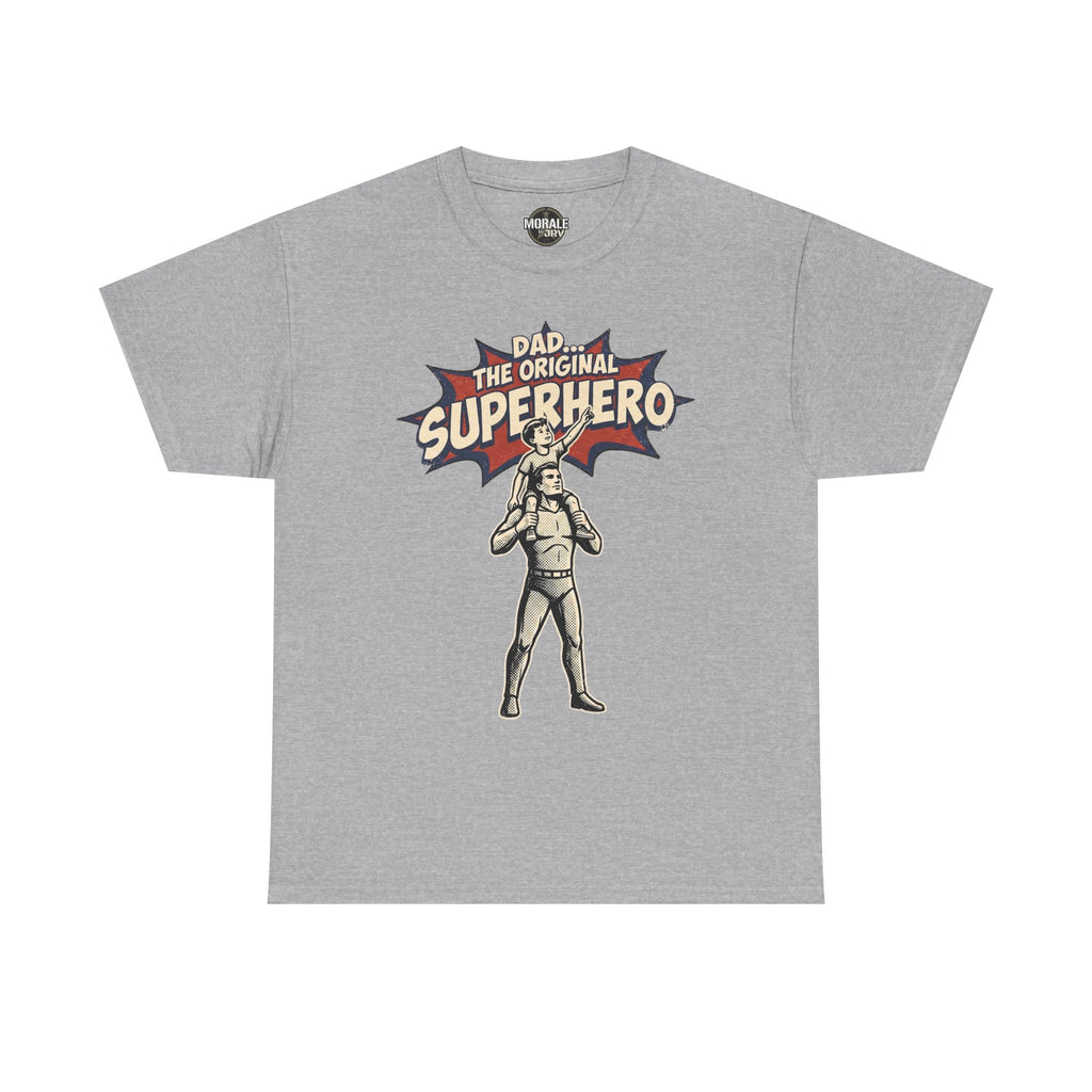 Grey crewneck T-shirt with retro comic superhero dad graphic on the chest