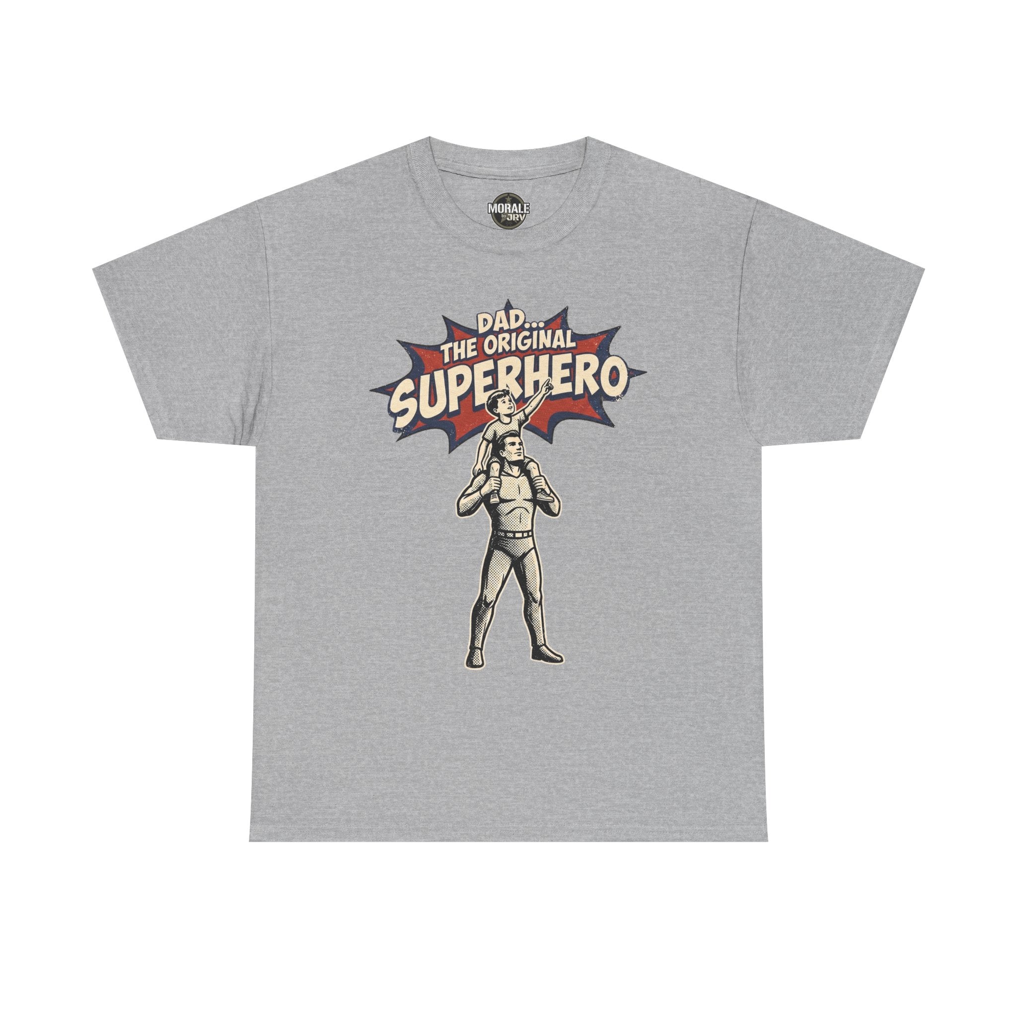 Grey crewneck T-shirt with retro comic superhero dad graphic on the chest