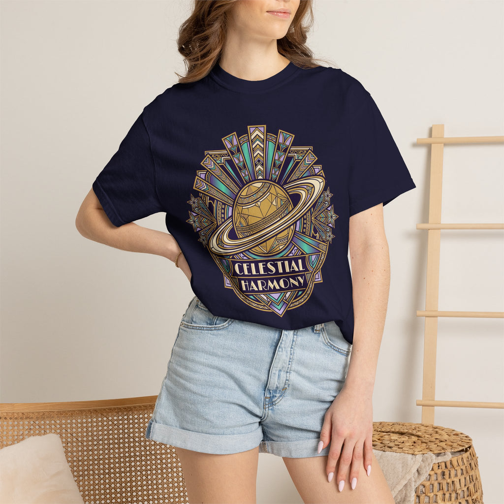 Navy t-shirt worn by model, featuring a celestial planet and rings front graphic