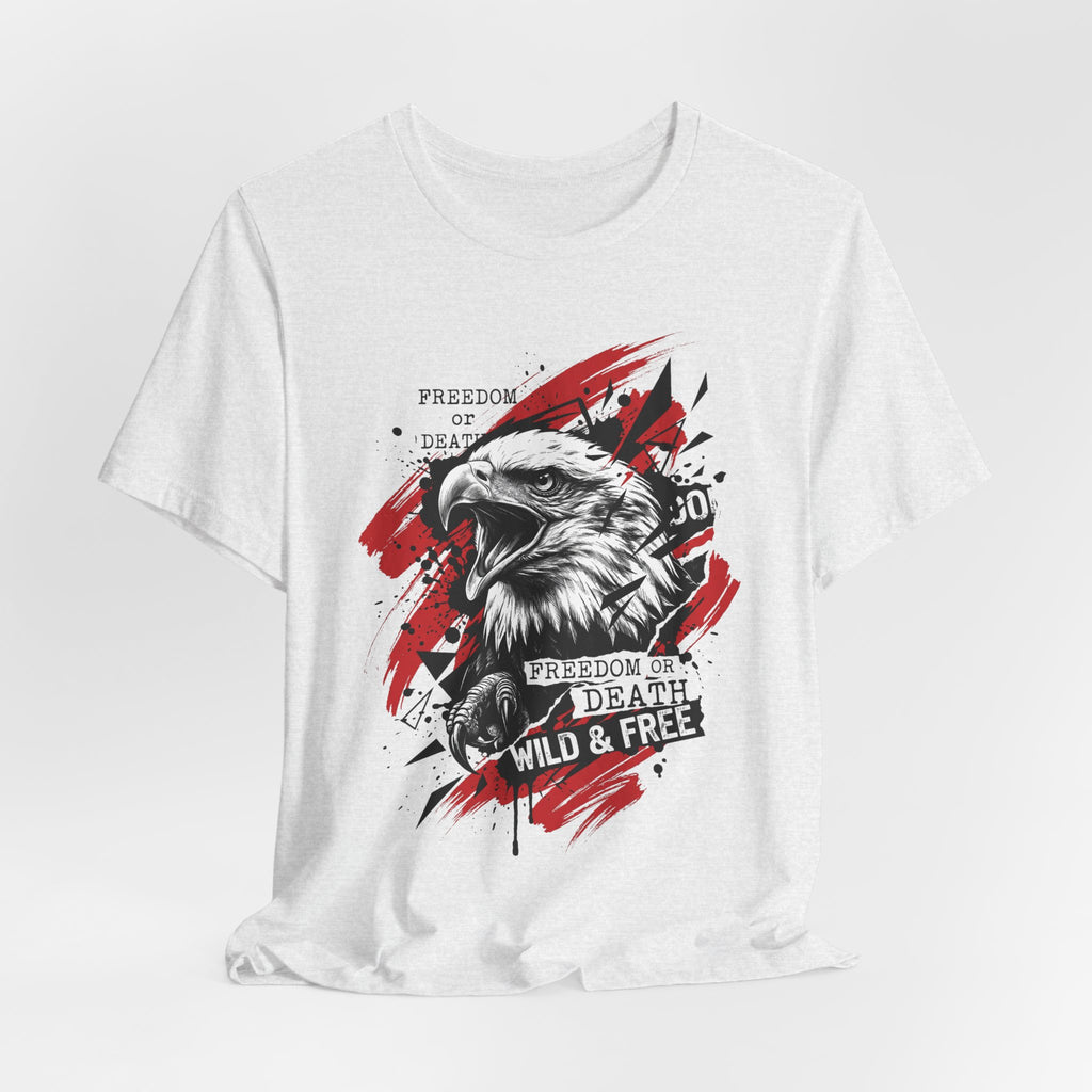 Light gray crewneck T-shirt with red and black bald eagle graphic