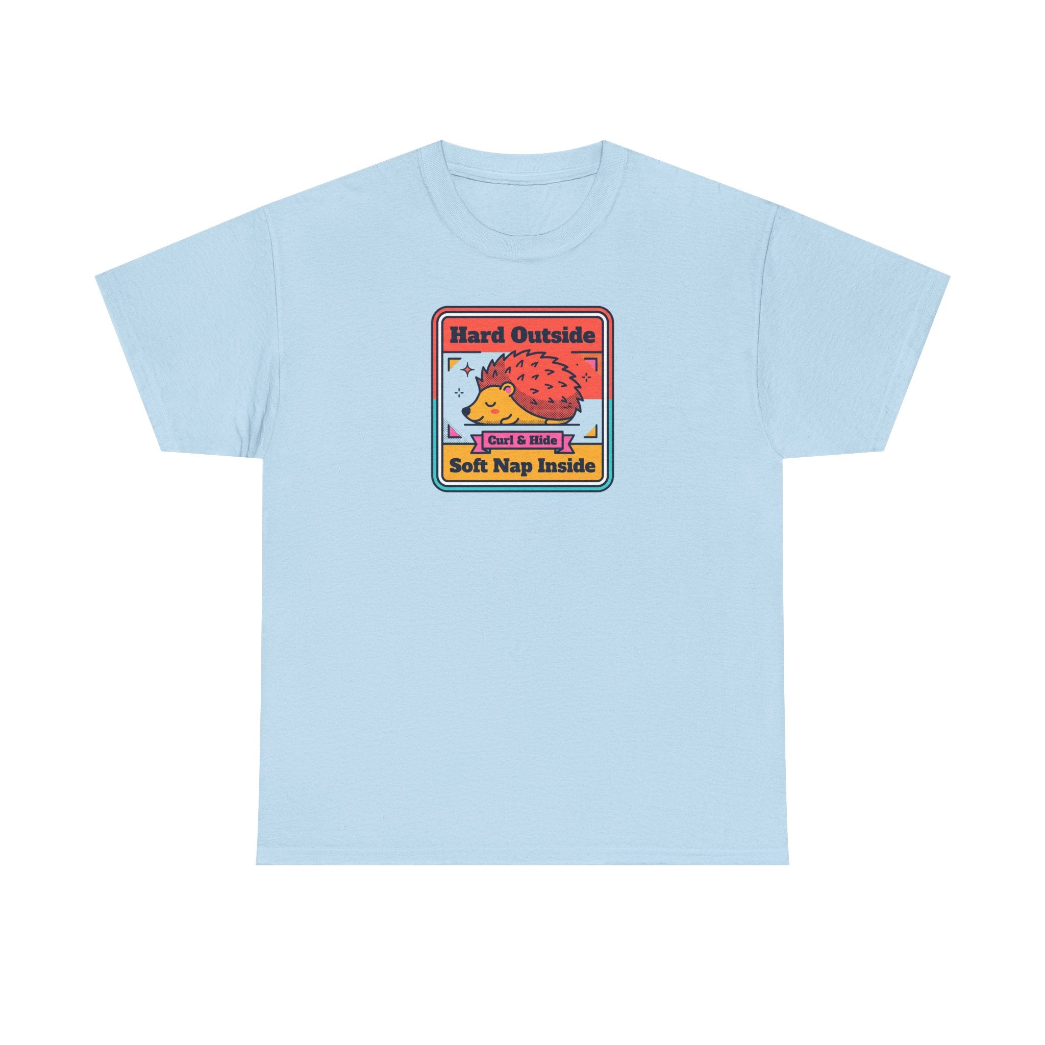Light blue T-shirt with colorful hedgehog graphic and “Hard Outside Soft Nap Inside” text