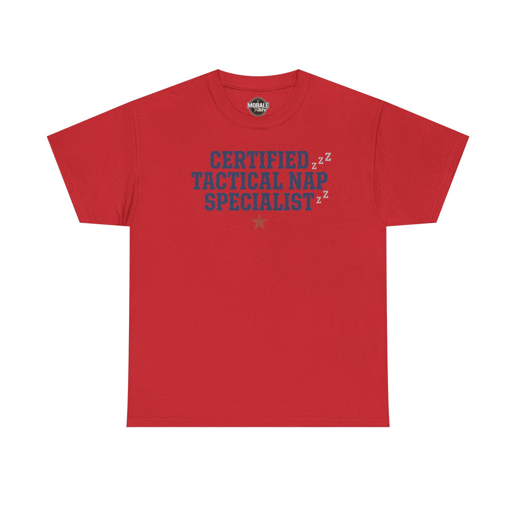 Red crewneck tee with 'Certified Tactical Nap Specialist' print