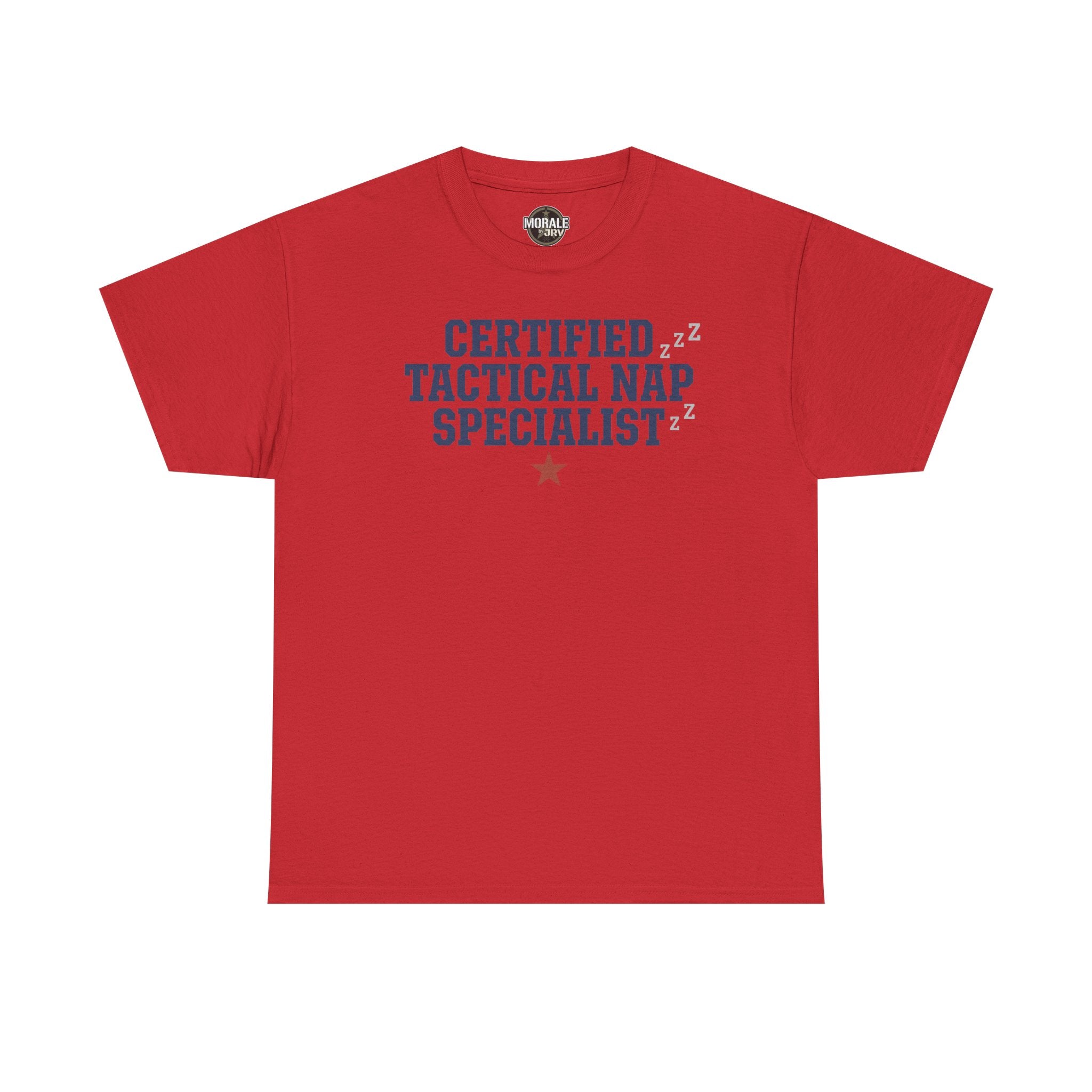 Red crewneck tee with 'Certified Tactical Nap Specialist' print