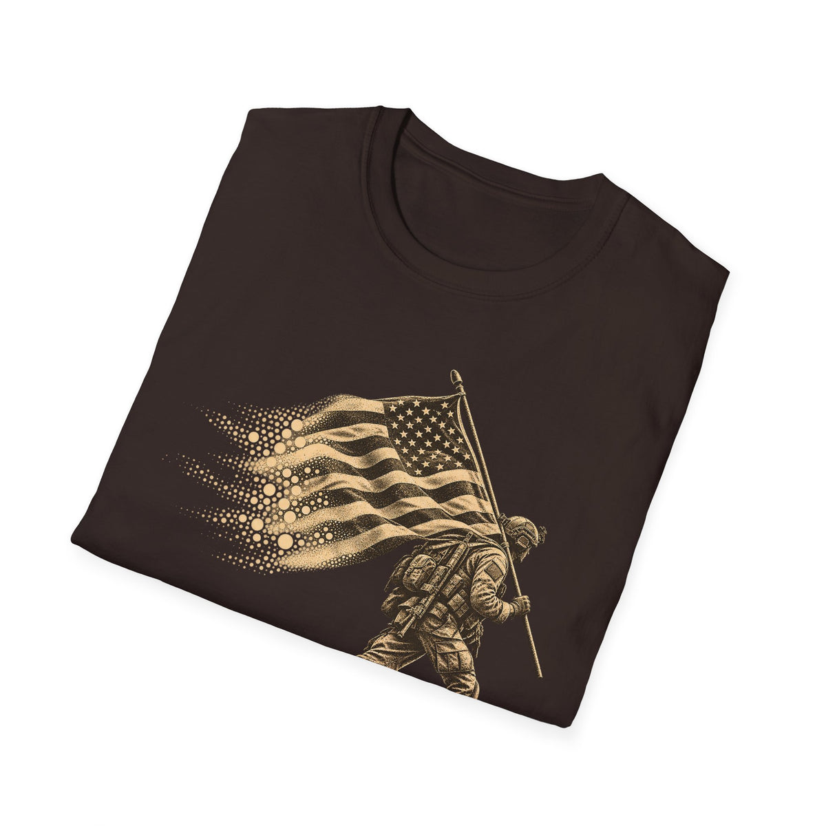 Dark brown crew-neck T-shirt with gold patriotic soldier holding an American flag graphic
