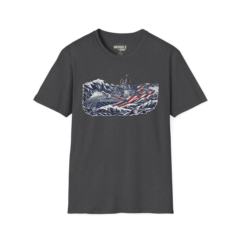 American flag battleship graphic T-shirt, dark gray with geometric warship and flag design