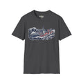 American flag battleship graphic T-shirt, dark gray with geometric warship and flag design