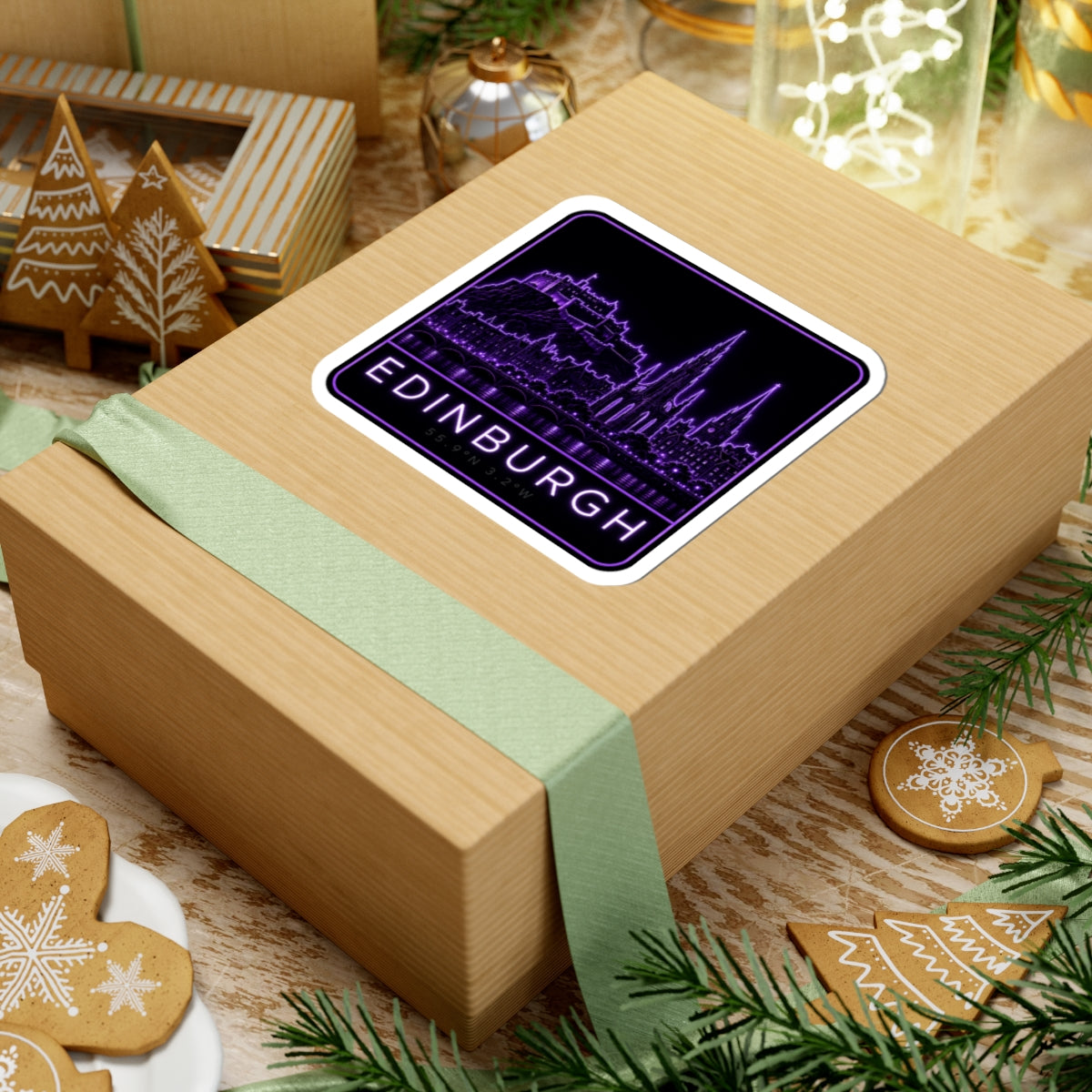 Neon purple Edinburgh skyline sticker on gift box wrap, 'EDINBURGH' label in border