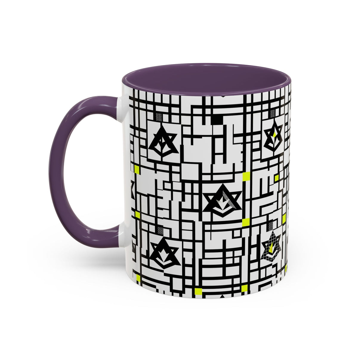 Geometric star grid mug angled view, black-and-white design with lime accents, purple rim