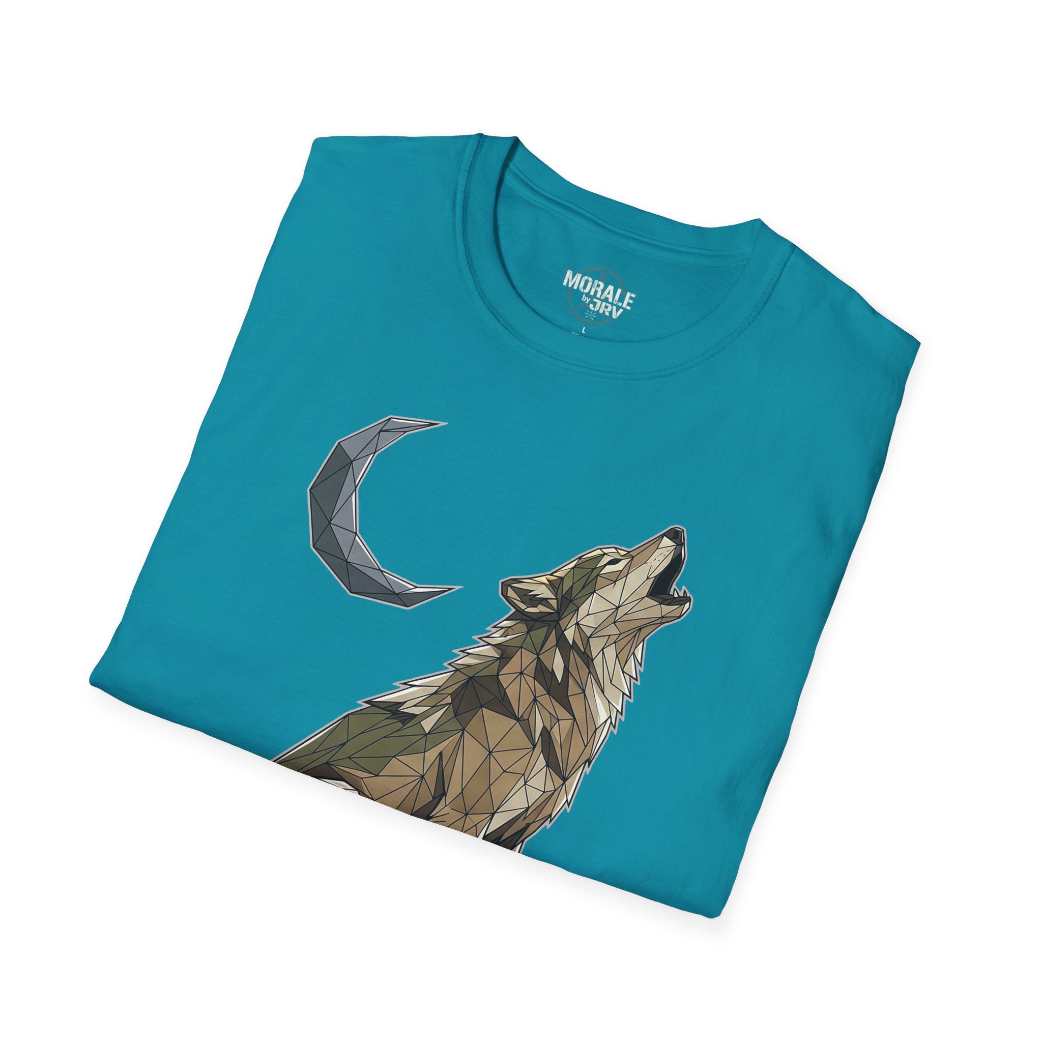 Tropical blue T-shirt with geometric howling wolf and crescent moon graphic