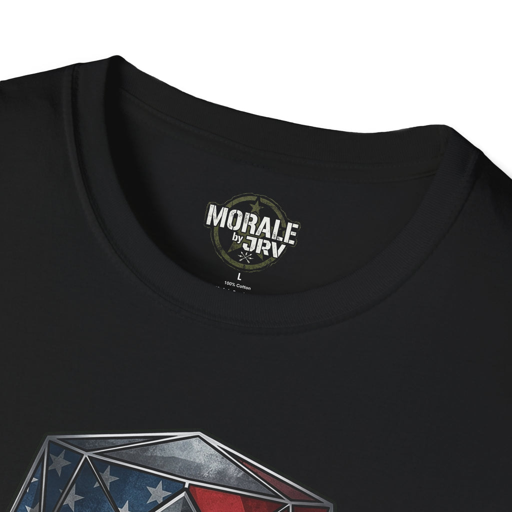 Black T-shirt neck logo and top of American flag helmet graphic