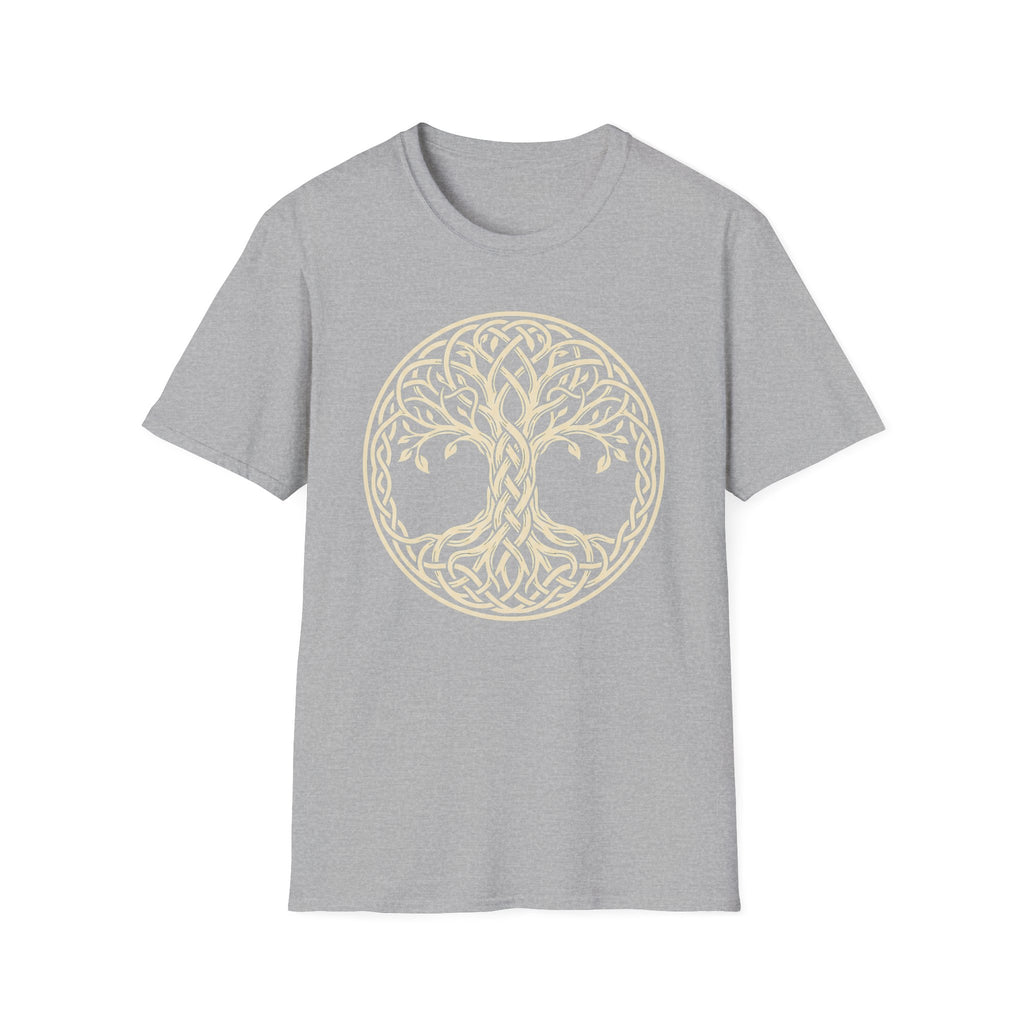 Heather gray T-shirt with pale gold Celtic tree of life knotwork circle graphic