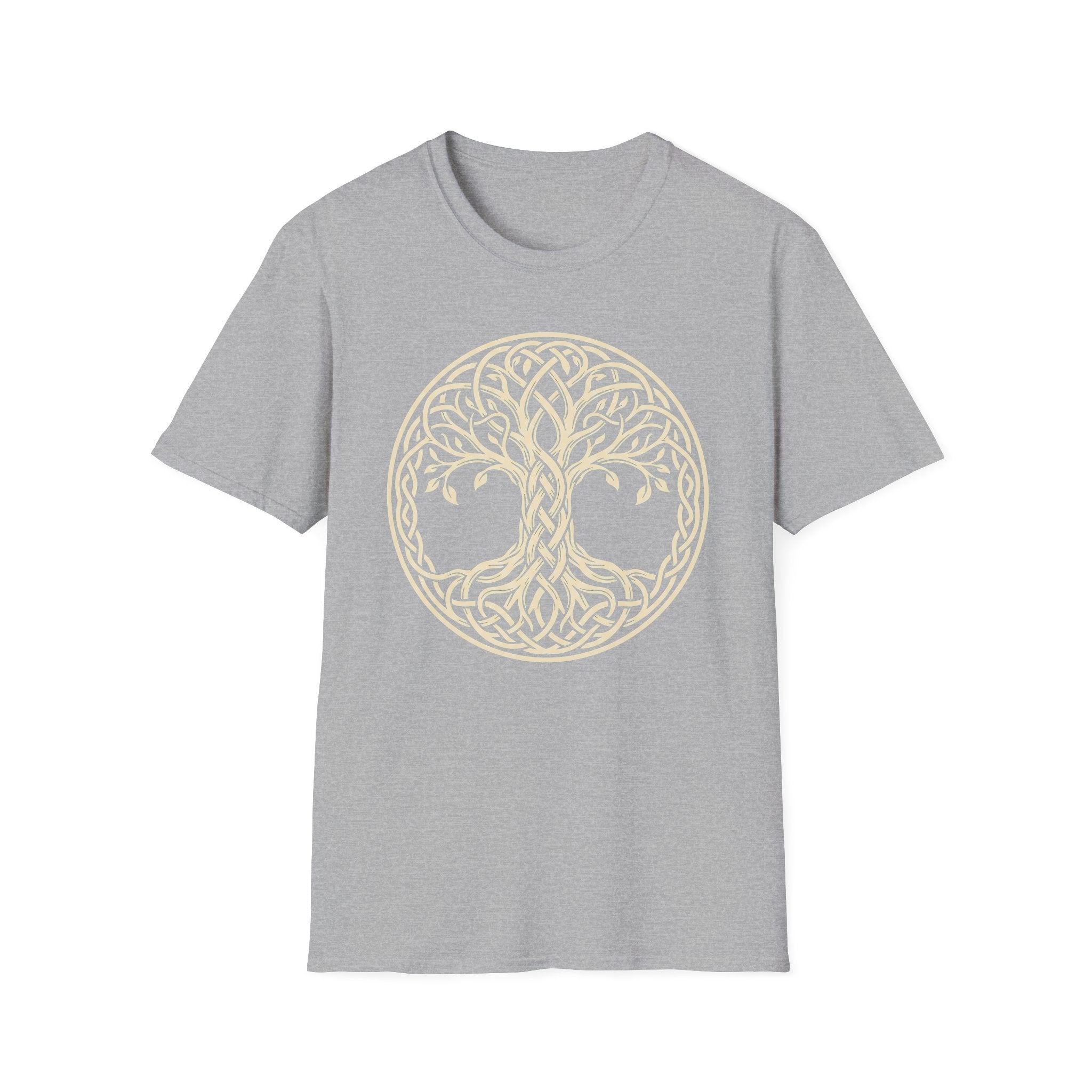 Heather gray T-shirt with pale gold Celtic tree of life knotwork circle graphic