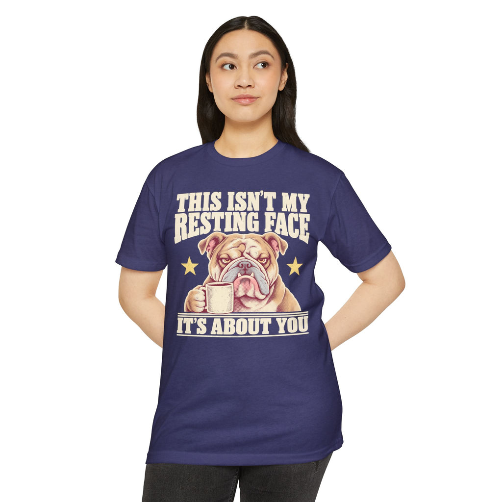 Purple t-shirt with bulldog coffee mug graphic and “IT’S ABOUT YOU” text on front