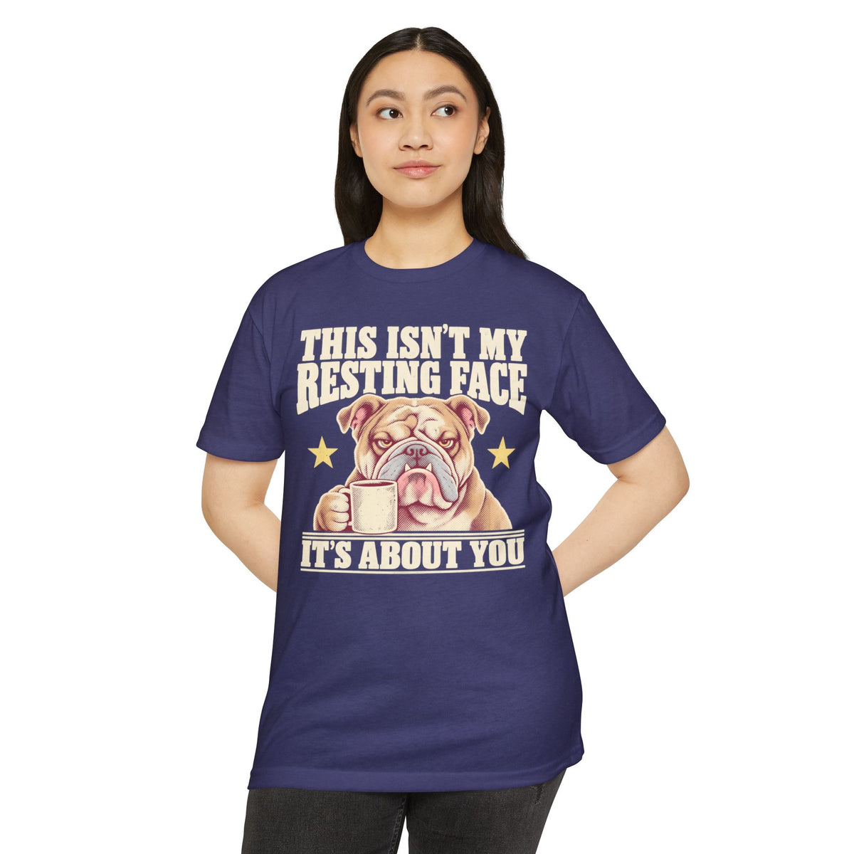 Purple t-shirt with bulldog coffee mug graphic and “IT’S ABOUT YOU” text on front