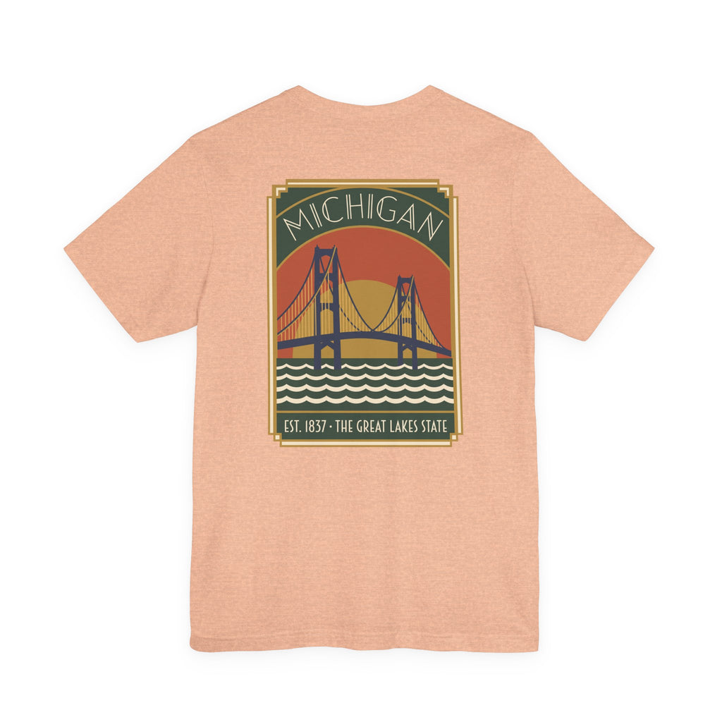 Peach T-shirt with Michigan bridge art deco graphic and Est. 1837 print