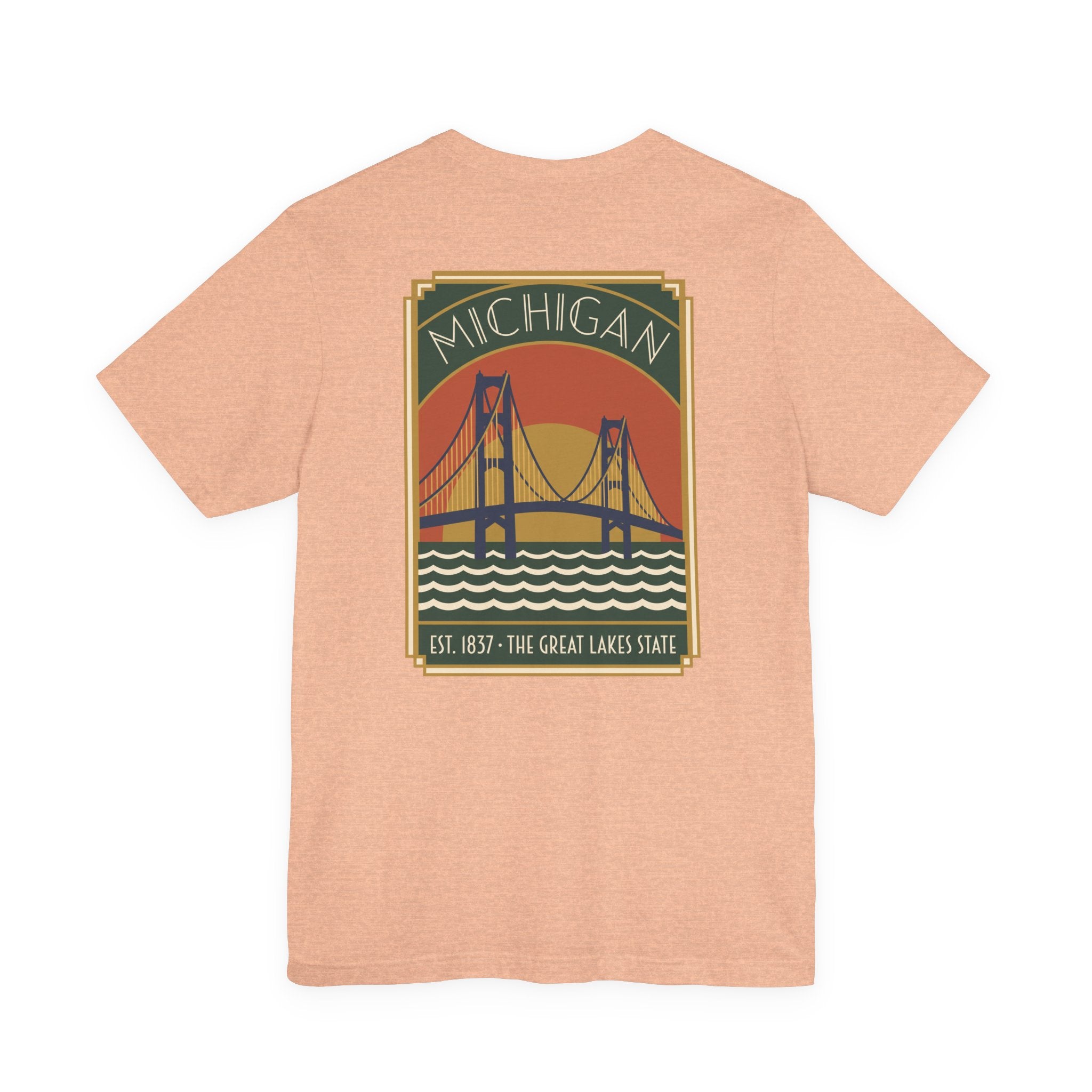 Peach T-shirt with Michigan bridge art deco graphic and Est. 1837 print