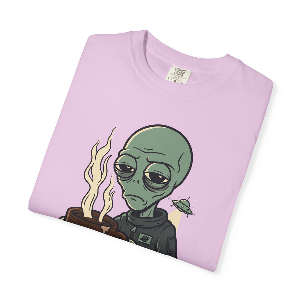 Lavender T-shirt with alien holding coffee graphic and 'PROBE ME' text