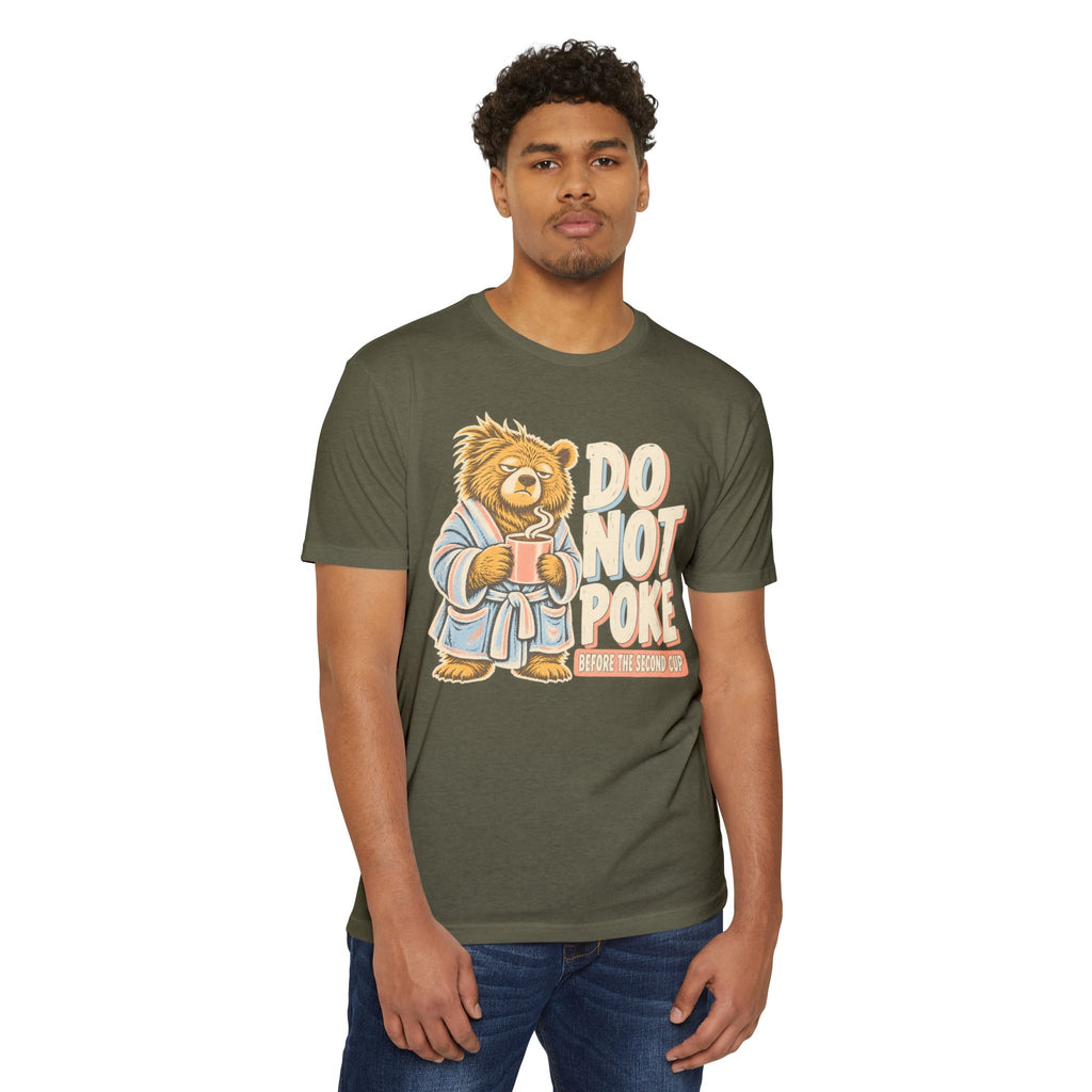 Olive green T-shirt with grumpy bear graphic and “DO NOT POKE” text on front