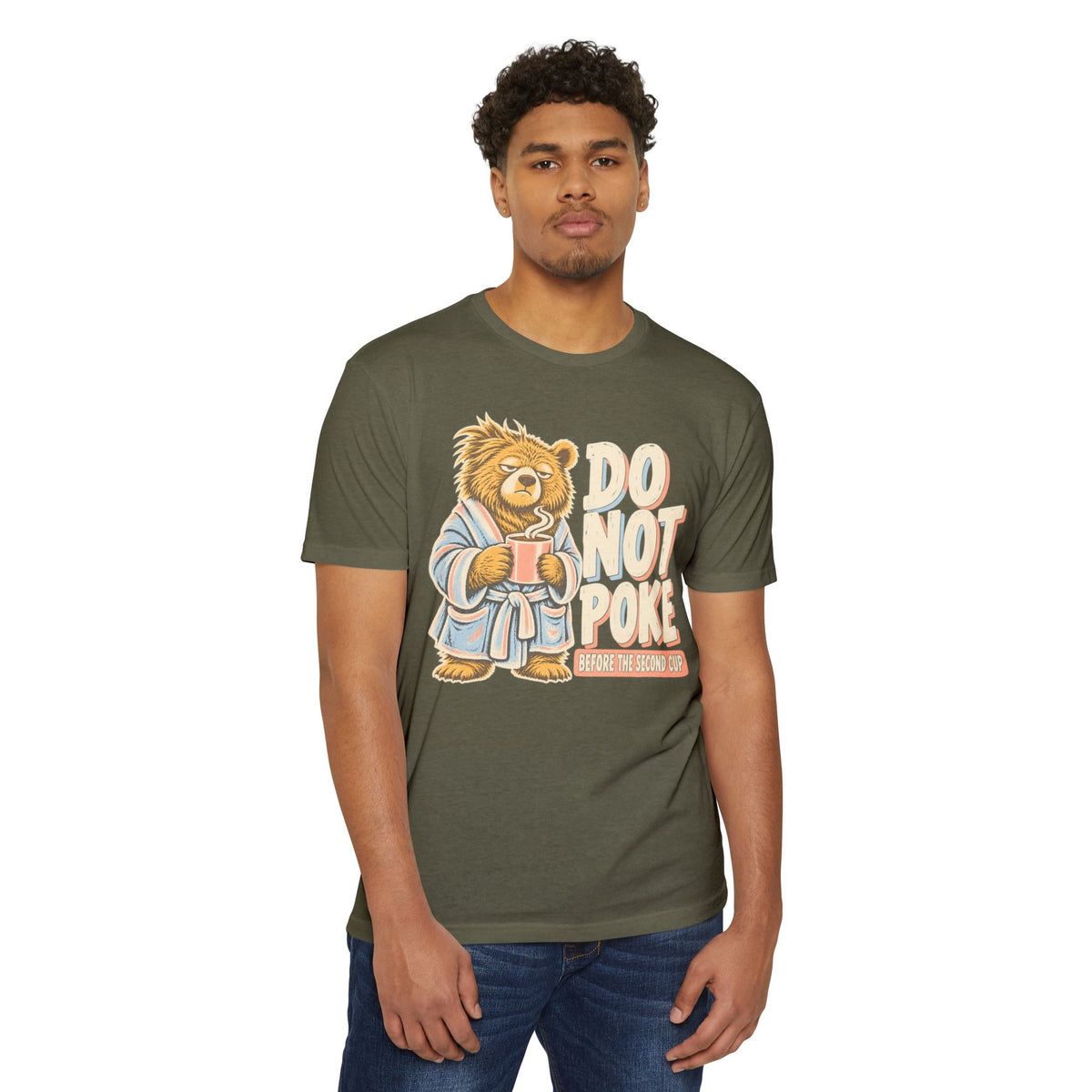 Olive green T-shirt with grumpy bear graphic and “DO NOT POKE” text on front