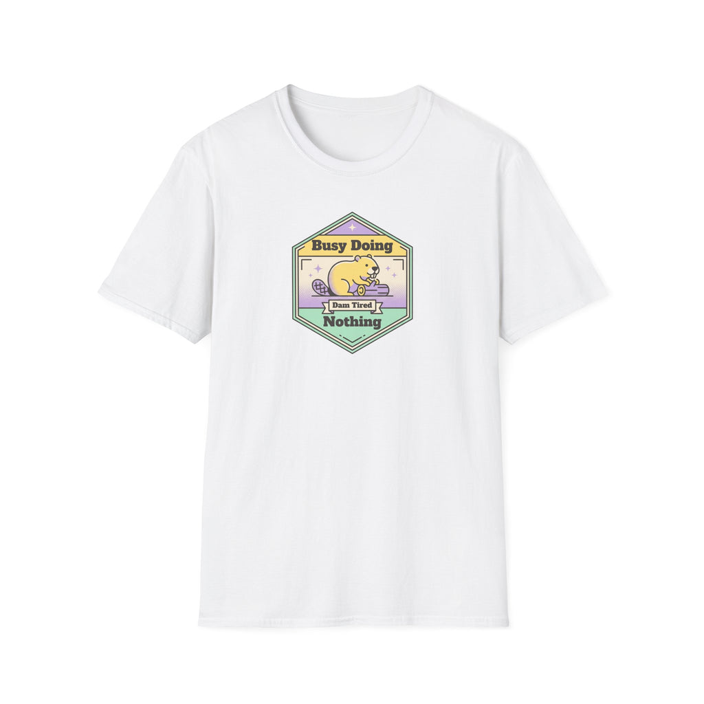 White crew-neck T-shirt with centered hex sloth graphic