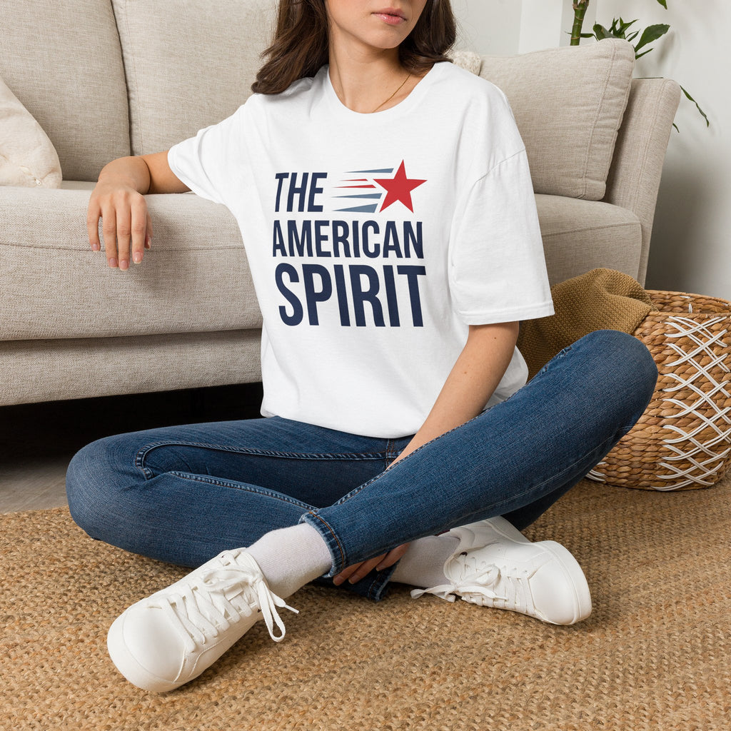 White T-shirt with 'THE AMERICAN SPIRIT' graphic and red star, short sleeves