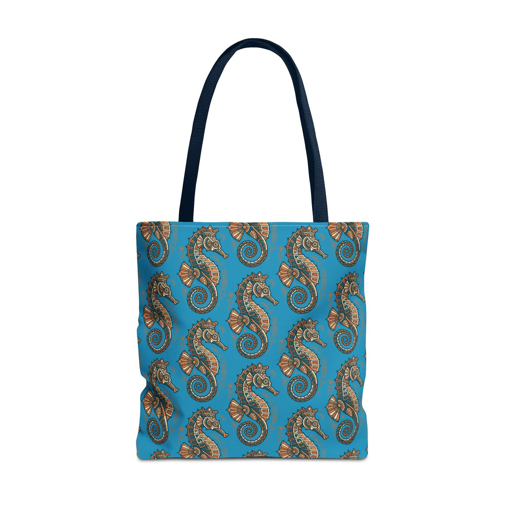 Ocean blue tote bag with steampunk seahorse pattern and dark navy handles, front view