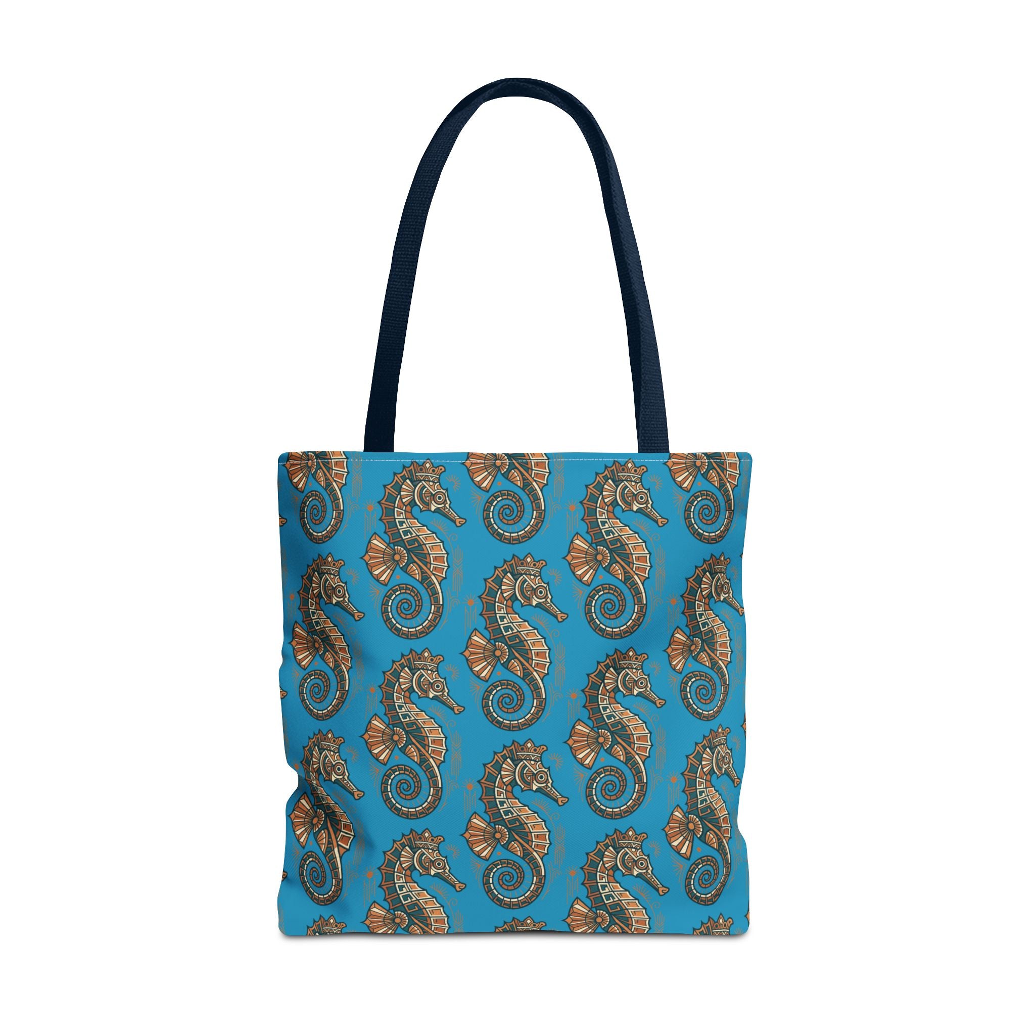 Ocean blue tote bag with steampunk seahorse pattern and dark navy handles, front view