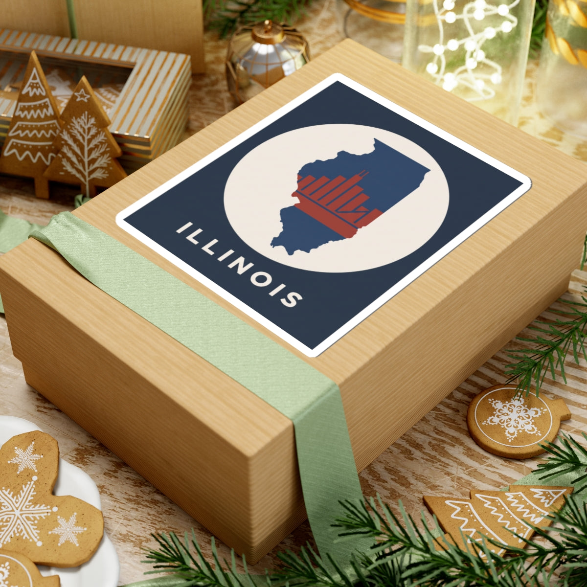 Square kiss-cut Illinois sticker showing navy state silhouette, red skyline bars, white circle, ILLINOIS