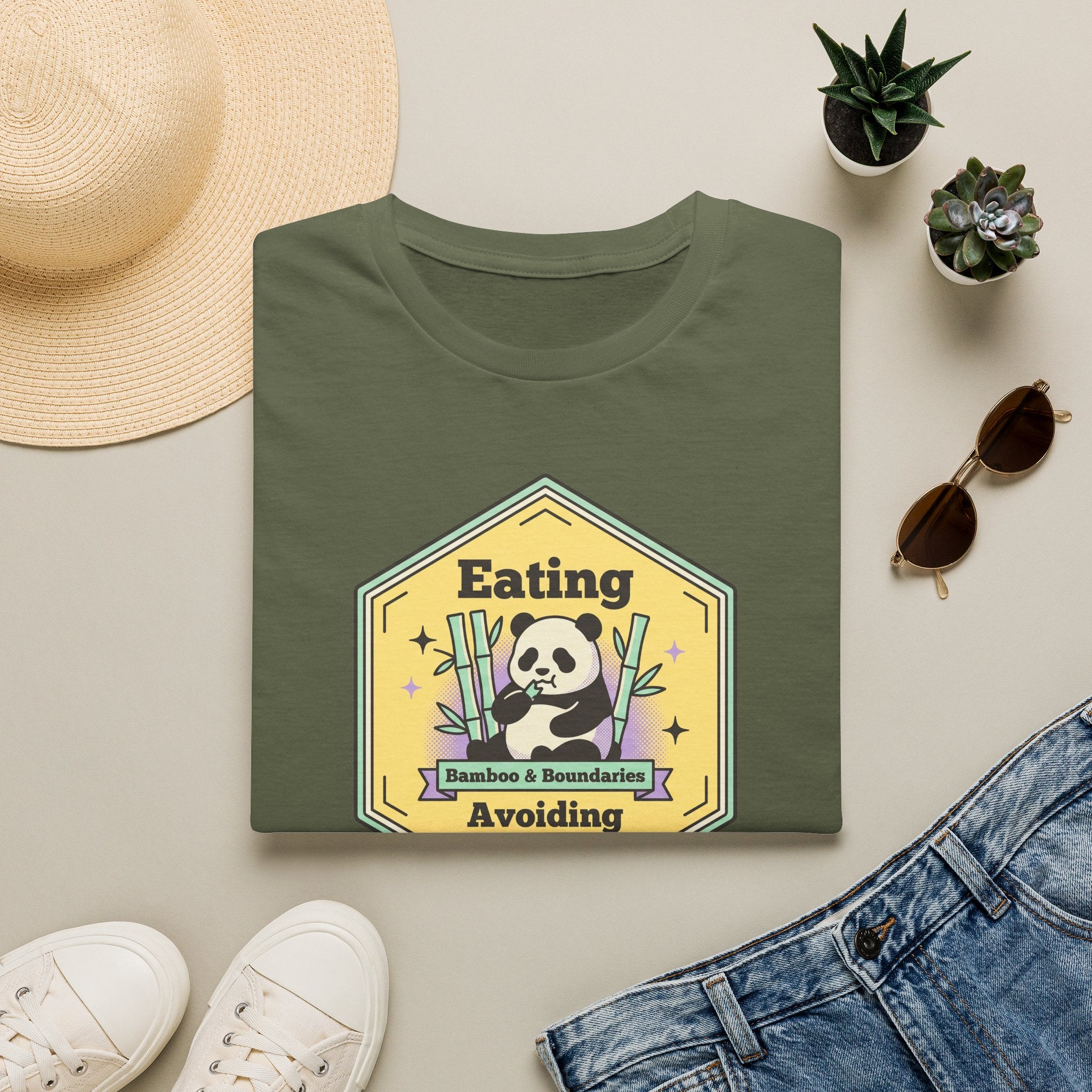 Green unisex T-shirt with panda “Avoiding” graphic on the front