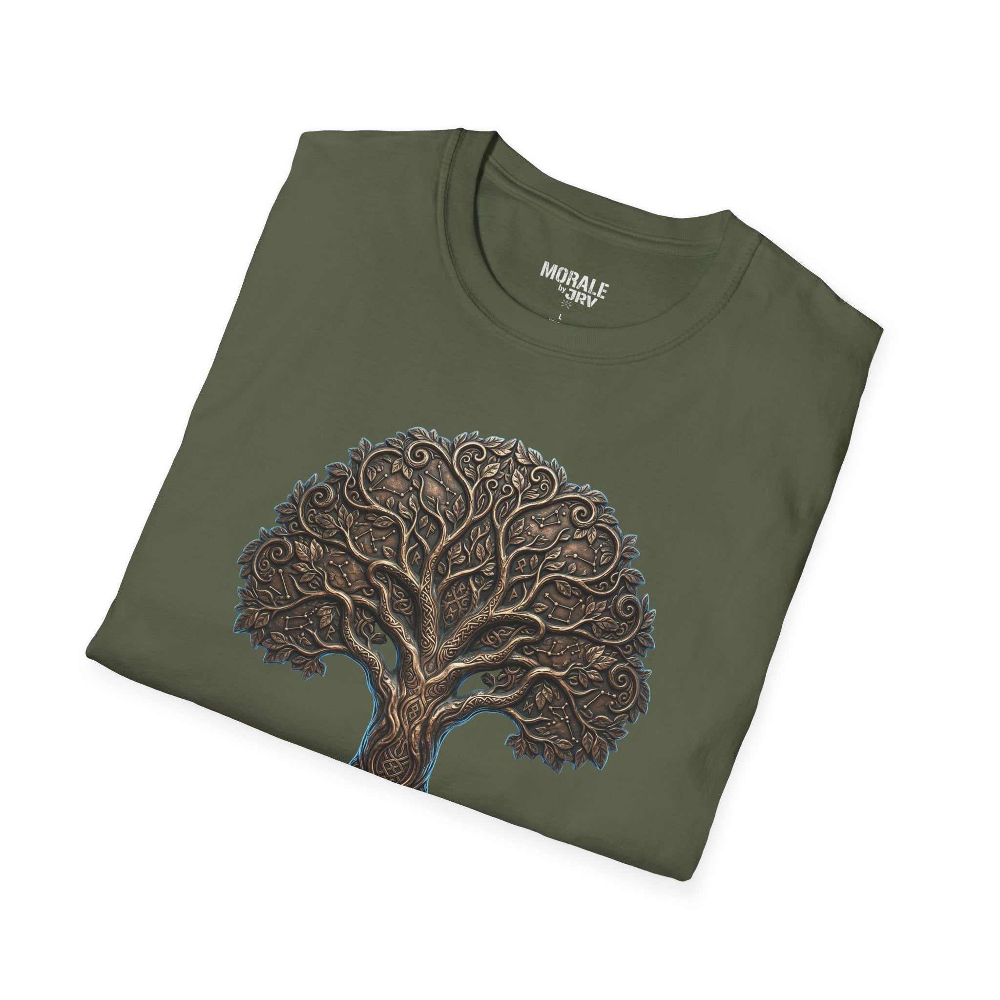 Military green T-shirt with Celtic Tree of Life knotwork oak graphic