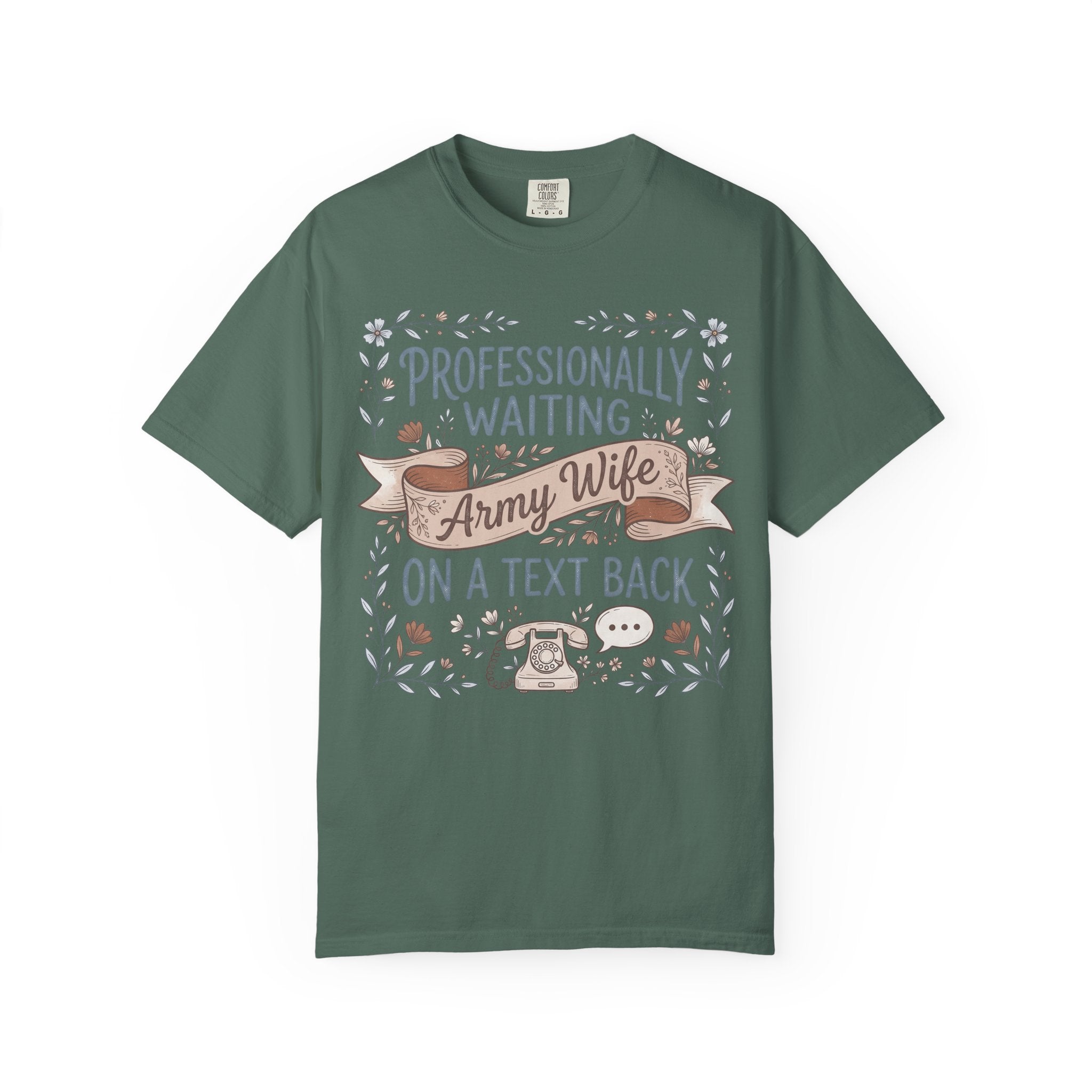 Dark green crew-neck T-shirt with floral “Professionally waiting” text and phone icon