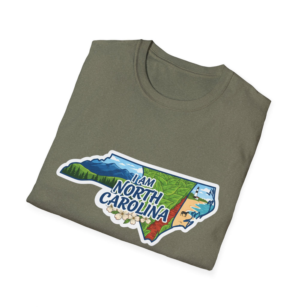 I Am North Carolina T-Shirt, olivgrüner Stoff mit Kartenmotiv, Floral & Landschaft
