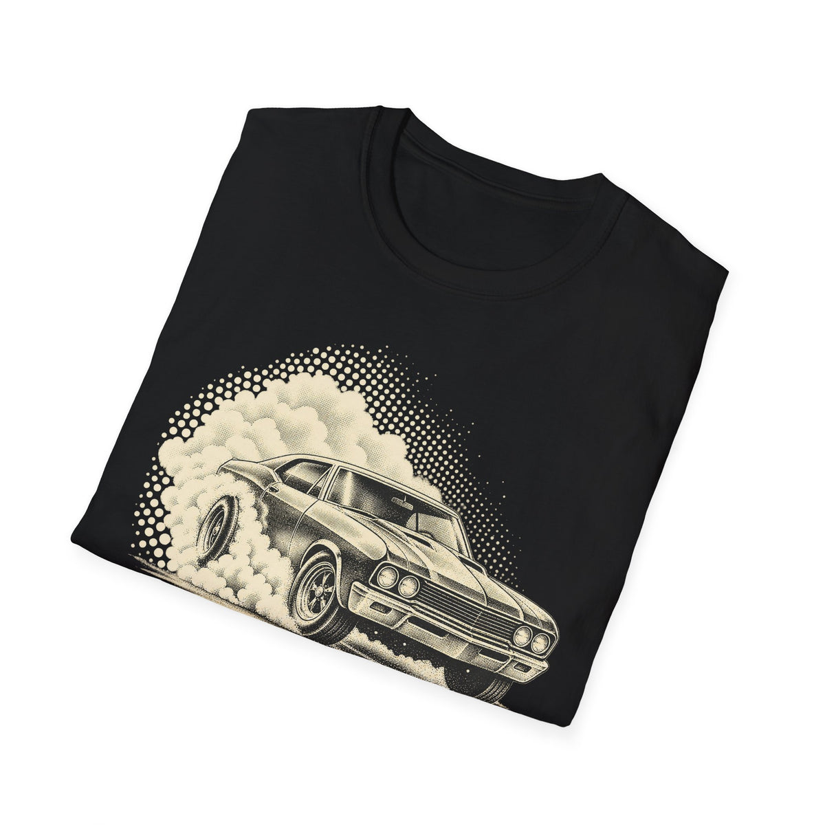 Black T-shirt with vintage car graphic print, shown from a side angle